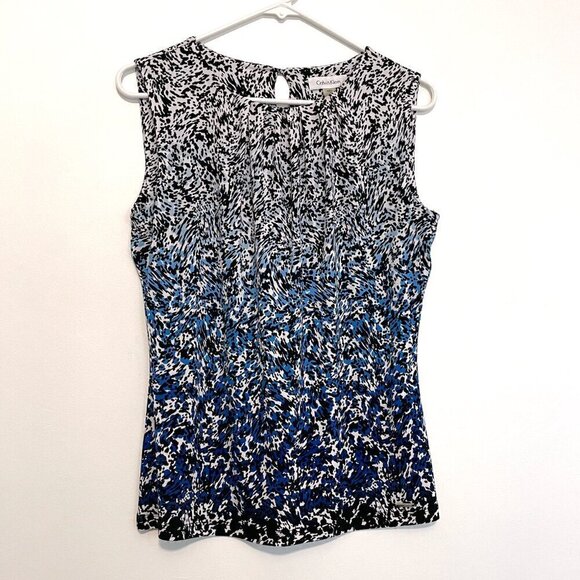CALVIN KLEIN Sleeveless Pleat Neck Blouse White Blue Black Geometric Work Tank S - Picture 2 of 13